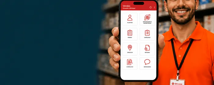 Vendedor usando o App de Vendas da Otimizer no celular