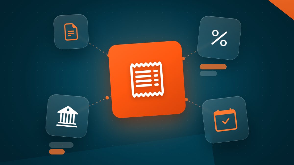 Ilustração com um recibo em destaque e ícones de documento, porcentagem, banco e calendário