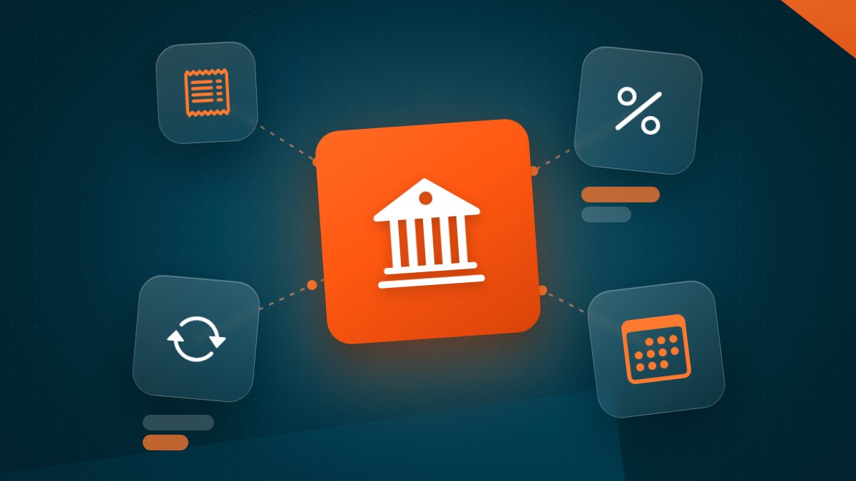 Ilustração com um banco em destaque e ícones de recibo, porcentagem, setas e calendário