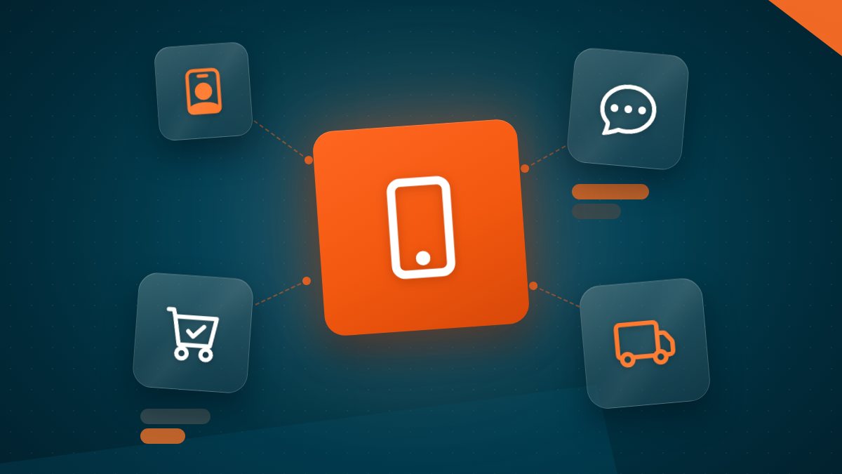 Ilustração com um celular em destaque e ícones de crachá, conversa, carrinho de compras e caminhão