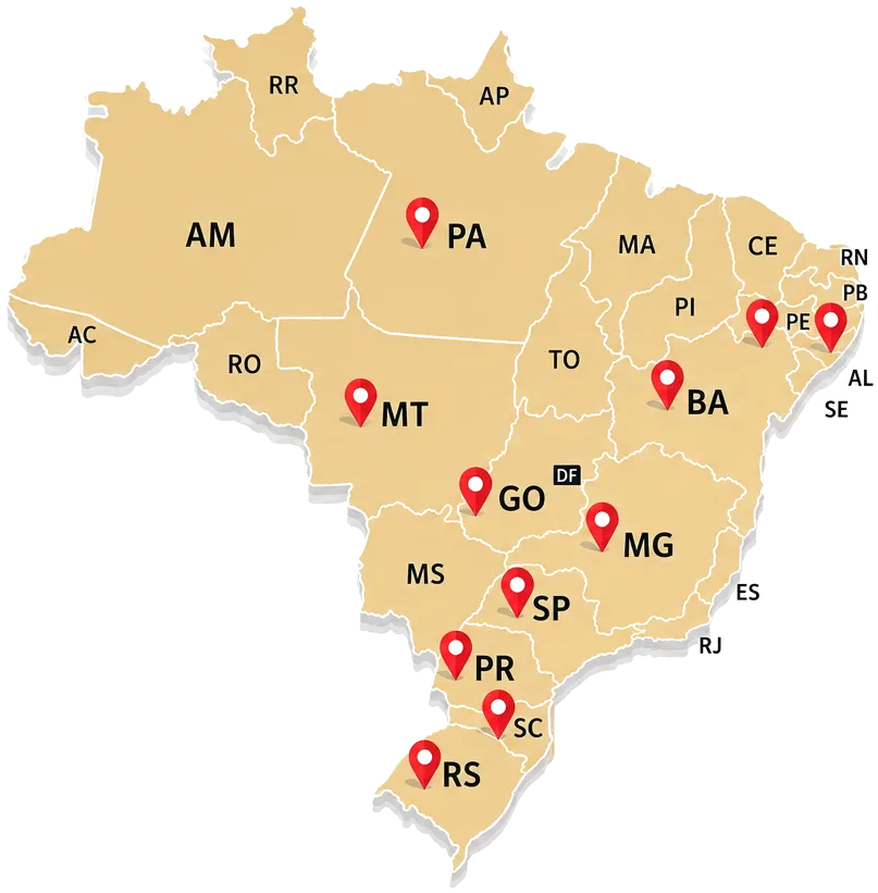 Mapa do Brasil com um pino em cada estado atendido pela Otimizer Sistemas