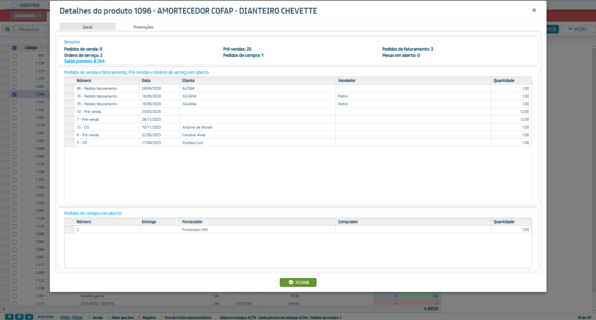 Detalhes do produto no ERP Otimizer para Peças Industriais