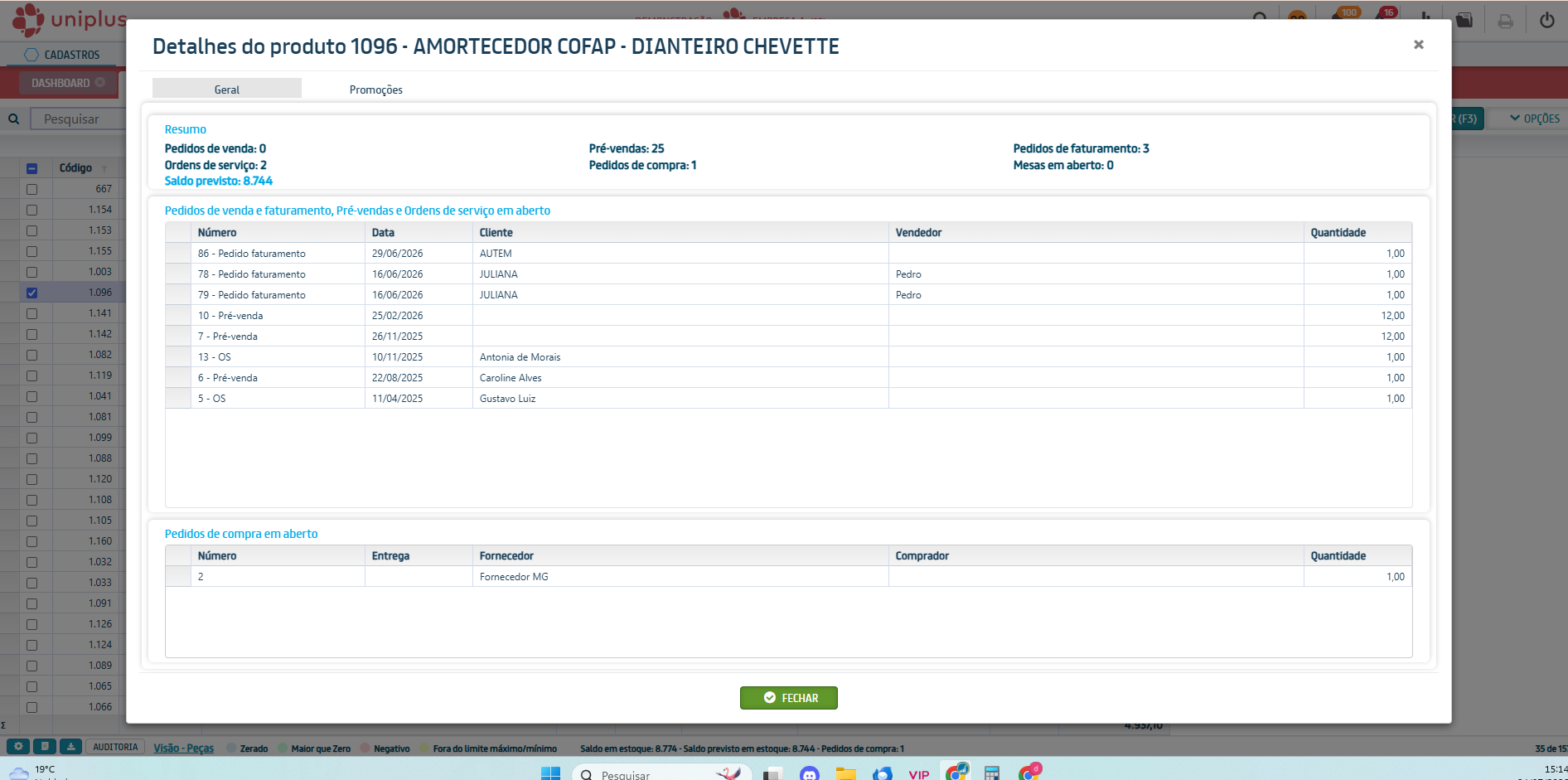 Produto em atendimento no ERP Otimizer para Peças de Informática