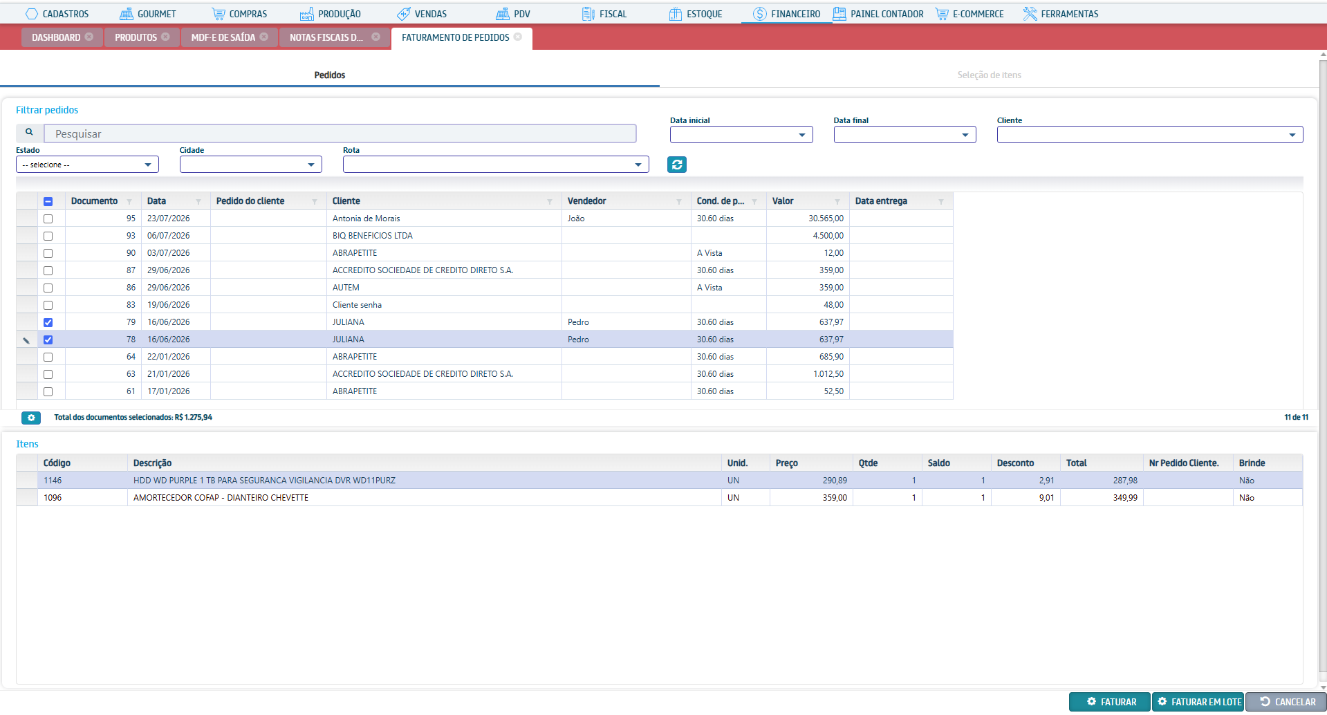 Faturamento de pedidos no ERP Otimizer para Peças de Informática